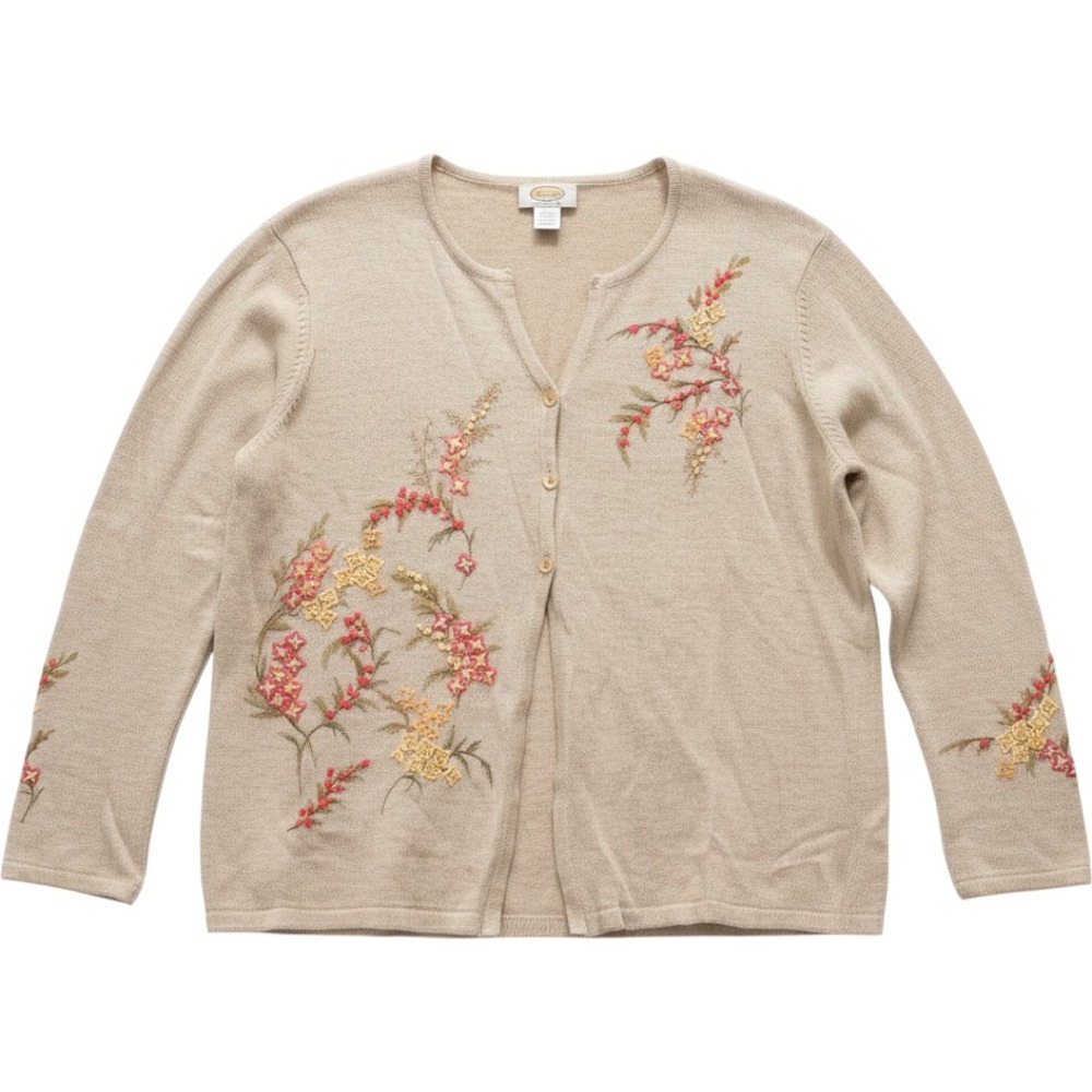 Talbots Womens Beige Linen Cotton Floral Embroidered Cardigan L Grandmacore